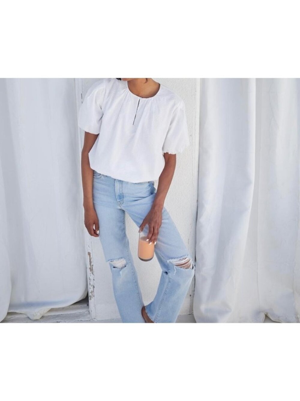 AYR The Puff Puff Sleeve Top 100% Cotton White Boho Textured Bubble Hem